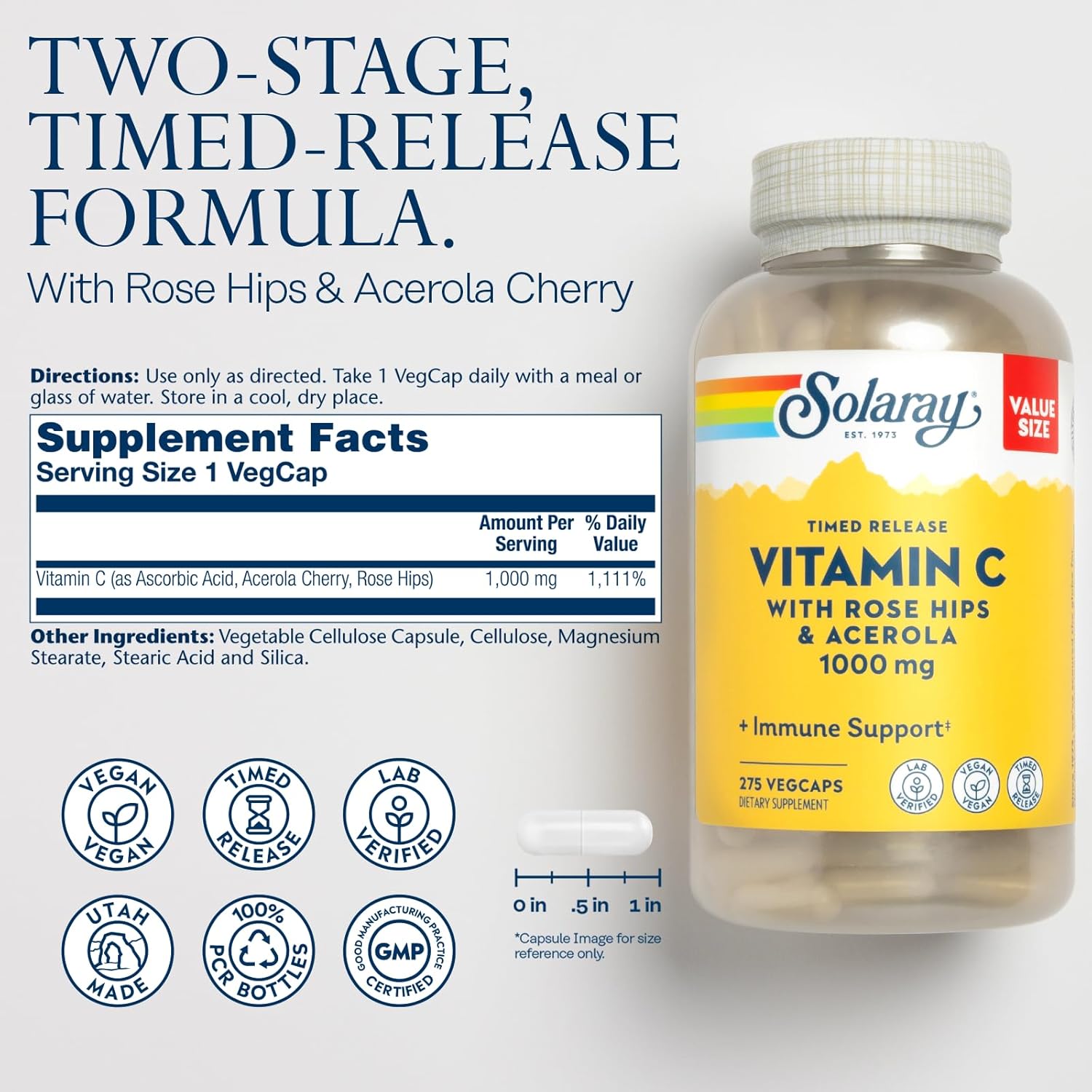 Solaray Vitamin C 1000mg Timed Release Capsules with Rose HIPS & Acerola