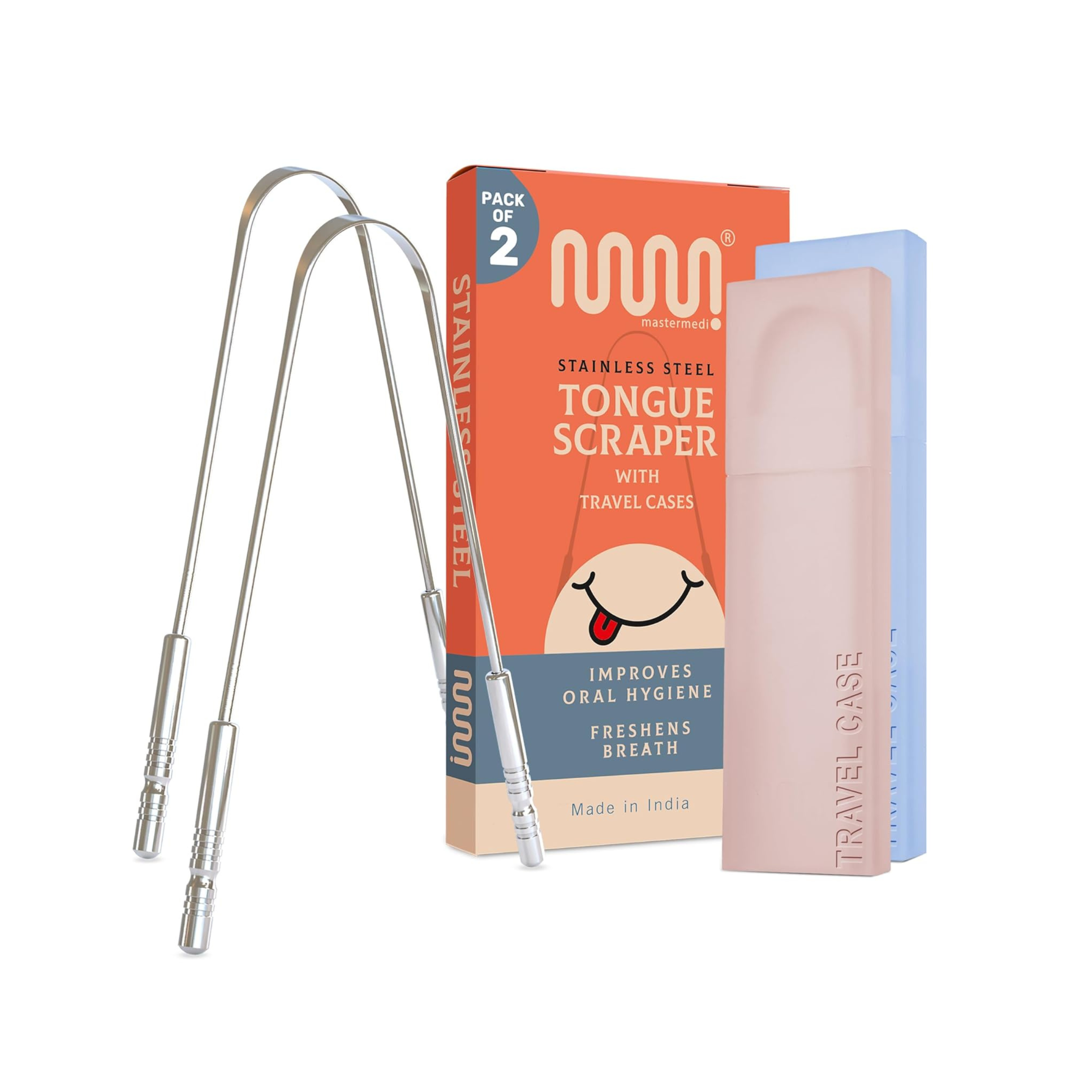 MasterMedi Tongue Scraper for Adults with Multicolor Travel Cases | 2 Pack